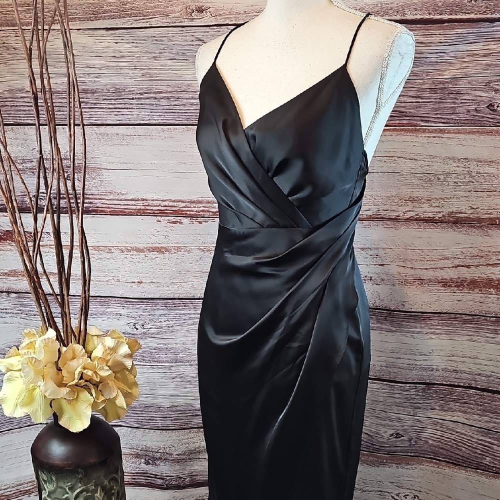NEW JAY GODFREY BLACK SATIN FAUX WRAP SHEATH DRESS